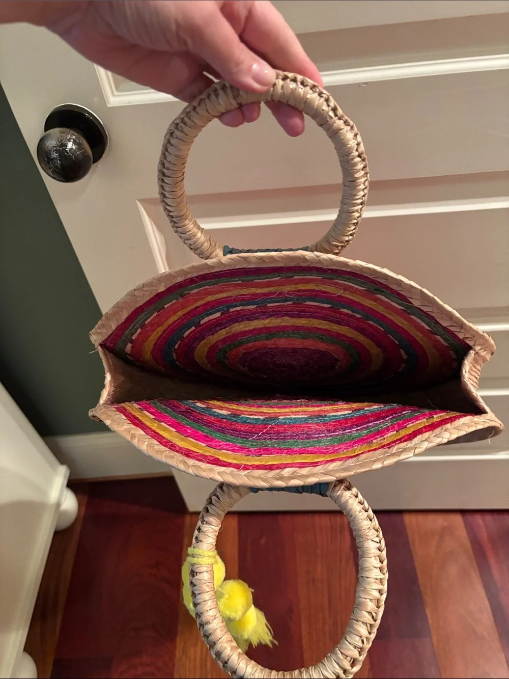 Handwoven Round Tote in Multicolors with Yellow Tassel
